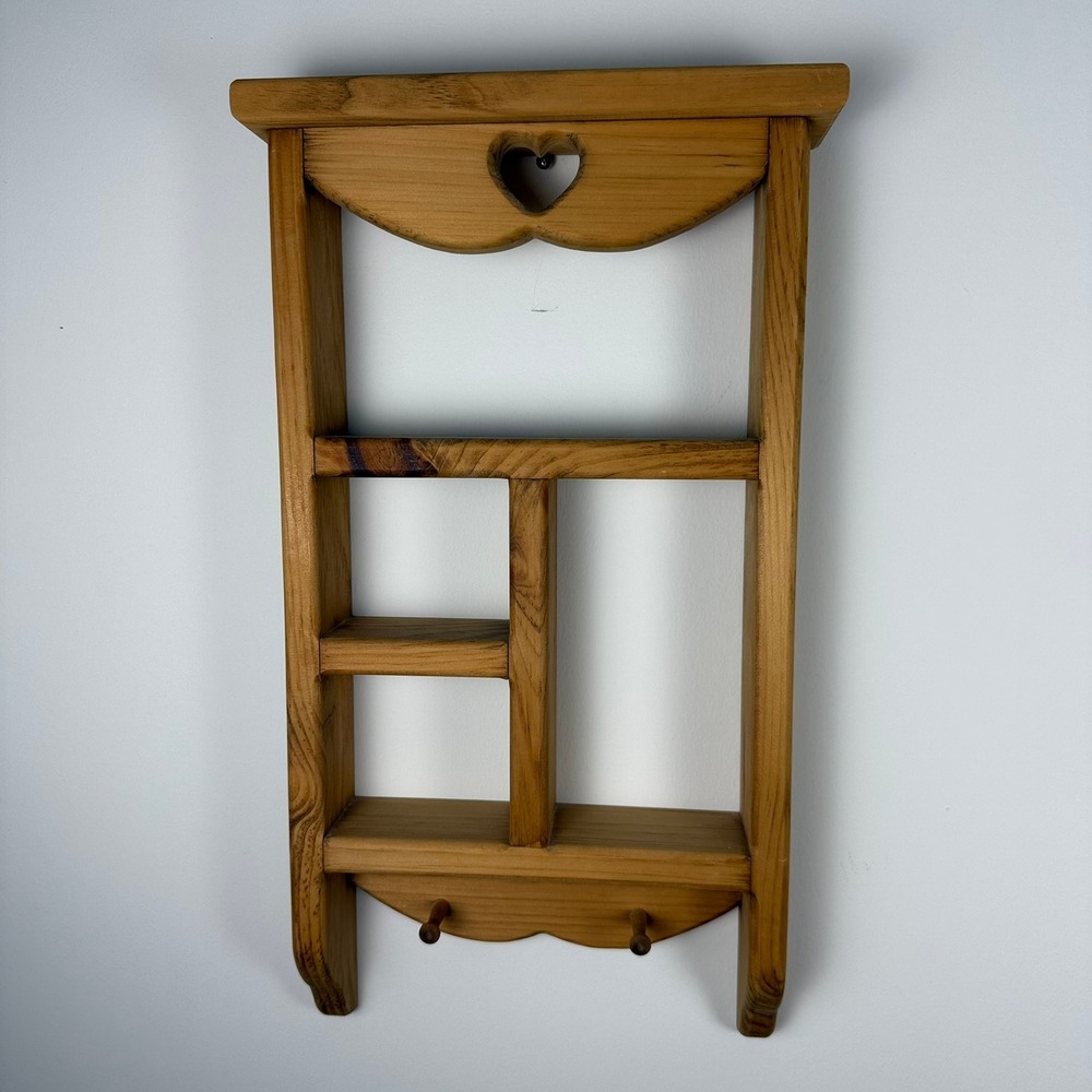 Vintage Wood Heart Cutout Wall Shelf Cubby Display with Pegs Honey Pine Rustic